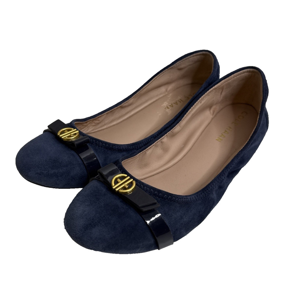Cole Haan Tova Bow Ballet Flats Size 7 B Suede Leather Blue Slip On Shoes Gold